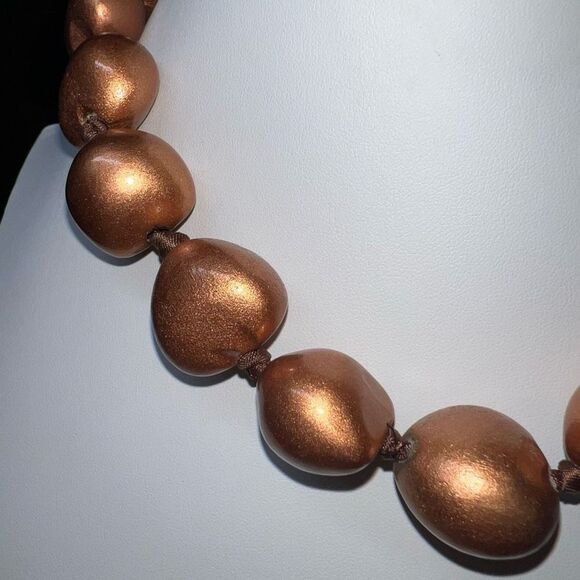 Vintage Bronze Painted Wooden Bead Necklace on Silk Ribbon - Picture 2 of 6